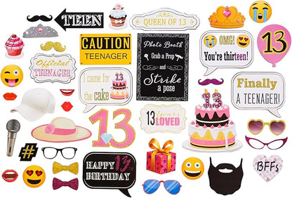 13th Birthday Photo Booth Props - 41-pc Photo Prop Kit with 8 x 10-Inch Sign, 60 Adhesive Pads, 45 Sticks - Teen Girl Photo Booth Props - Party Supplies 13th Birthday