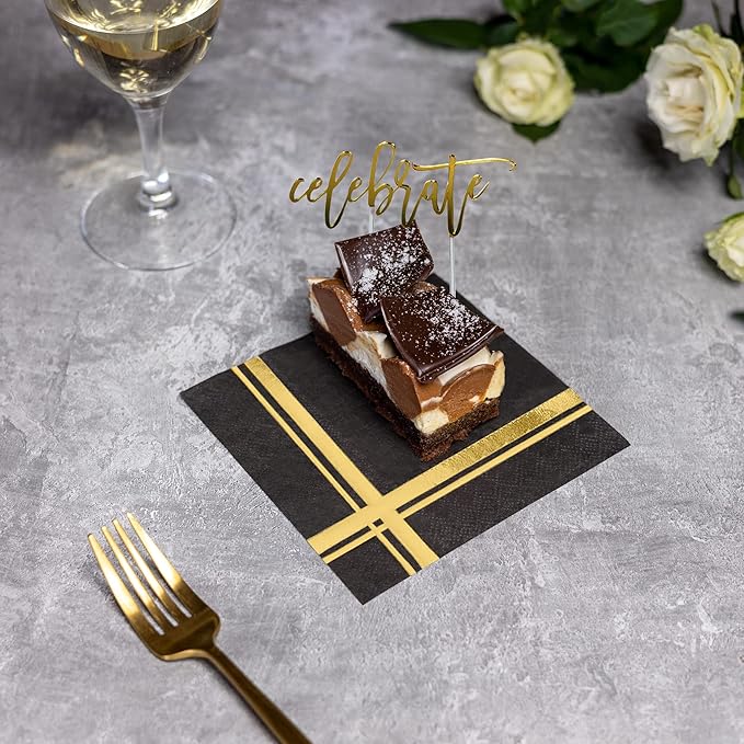 Gold on Black Cocktail Napkins - 100 Pack, 5" x 5", 3-Ply Paper - Style Name: Blissful Crossing