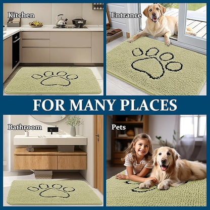 OLANLY Dog Door Mat for Muddy Paws 30x20, Paw Print Design, Absorbs Moisture and Dirt, Absorbent Non-Slip Washable Doormat, Quick Dry Chenille Mud Mat for Dogs, Entry Indoor Entryway Carpet, Vanilla