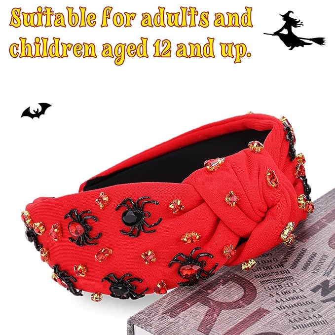 Halloween Headband - Red Spider Rhinestone Wide Jeweled Knotted Headband, Crystal Beaded Jeweled Top Knot Embellished Hair Accessory for Women's Halloween & Birthday Gift