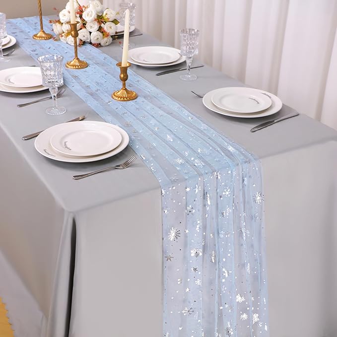 Snowkingdom Silver Snowflake Christmas Table Runner, 10ft Light Blue Silver Glitter Snowflakes Sheer Tulle Gauze Winter Table Runner for Seasonal Holidays, Wedding, Party, Home Dining Decoration