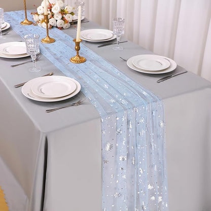 Snowkingdom Silver Snowflake Christmas Table Runner, 10ft Light Blue Silver Glitter Snowflakes Sheer Tulle Gauze Winter Table Runner for Seasonal Holidays, Wedding, Party, Home Dining Decoration
