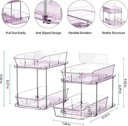 Delamu 2-Tier Under Sink Organizers and Storage, Multi-Purpose Stackable Bathroom Cabinet organizers, Pull Out Kitchen Pantry Organization and Storage with Dividers(2 Pack, Purple)