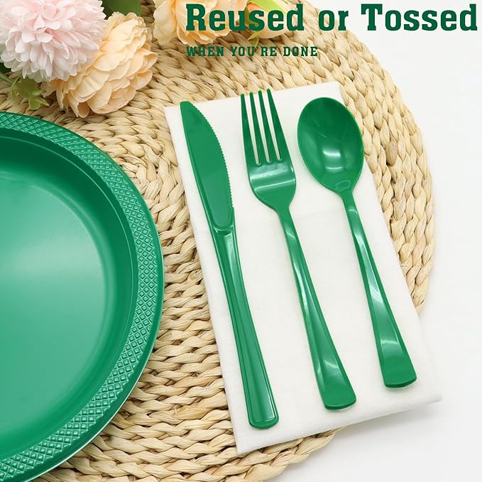 150 PCS Green Plastic Silverware Disposable Green Utensils 50 Plastic Forks, 50 Knives, 50 Spoons for Birthday, Graduation Party, Picnic