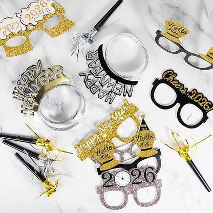36 Pcs New Years Eve Party Supplies 2026 - New Years Decorations Set, Silver Gold Black Happy New Year Headband Tiara Glasses Noise Makers Bulk for Adults Kids New Year's Gifts Party Favors Decor