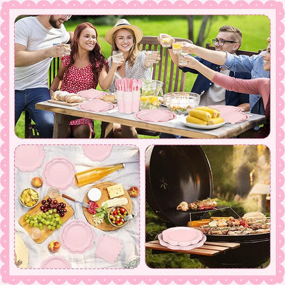 400 Pcs Pink Paper Plates and Napkins Set Party Supplies, Tableware set for 50 Guest include Disposable Pink Scalloped Plates Napkins Knives Forks Spoons Cups for Baby Shower Bridal Shower Wedding