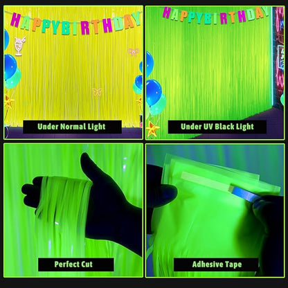 Glow in The Dark Party Supplies, 2 Pack Neon Party Decorations 6.6 x 6.6 ft Fluorescent Macaron Green Tinsel Foil Fringe Curtains, Photo Booth Prop Backdrop UV Blacklight Luminous Streamer