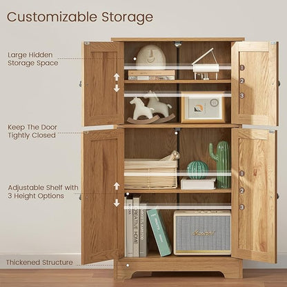 TEENFON Storage Cabinet, Rattan Cabinets with 2 Adjustable Shelves & 4 Doors, Bathroom Cabinet, Cupboard, Floor Cabinets for Living Room, Entryway, Kitchen, Home Office, Natural