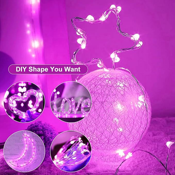Fairy Lights,Silver Wire String Lights Waterproof,Battery Operated 7FT 20LED Firefly Starry Moon Lights for DIY Christmas Wedding Party Bedroom Decor (Pink, 24 Pack)