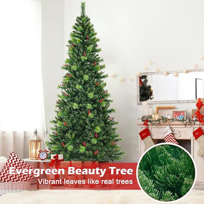 GOFLAME 8FT Pre-Lit Christmas Tree, Hinged Artificial Xmas Tree with Pine Needles, 1272 Branch Tips, 43 Clusters of Red Berries, 500 LED Lights, 9 Lighting Modes, 4 Brightness, Remote Control & Timer