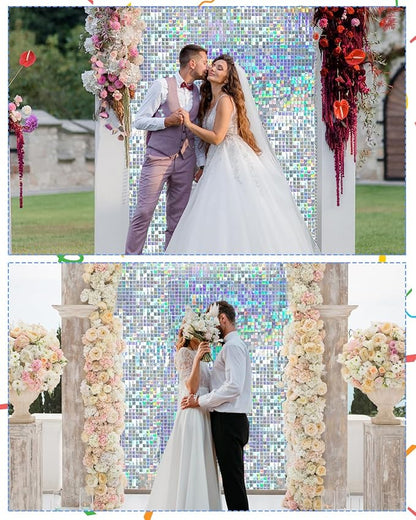 Iridescent Silver Shimmer Square Sequin Wall Panel Backdrop Decoration for Wedding,Anniversary,Birthday,Party,Photo Backdrop,24 Panels Cover 6 x 4 Ft