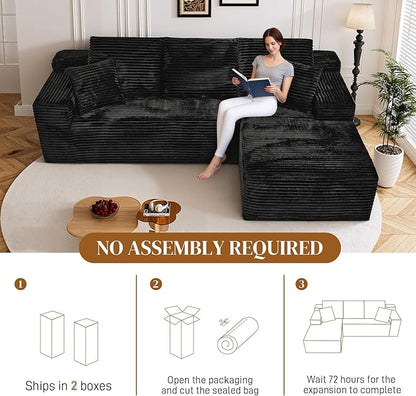 108" L Shaped Boneless Sectional Couches for Living Room, Comfy Corduroy Floor Cloud Sofa with Chaise, Wide Armrest, Deep Seat, Memory Foam, Assembly Free, Ideal for Small Spaces, Black