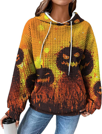 Halloween Sweatshirts for Women Novelty Graphic Drawstring Waffle Hoodies Loose Casual Pullover Tops with Pocket