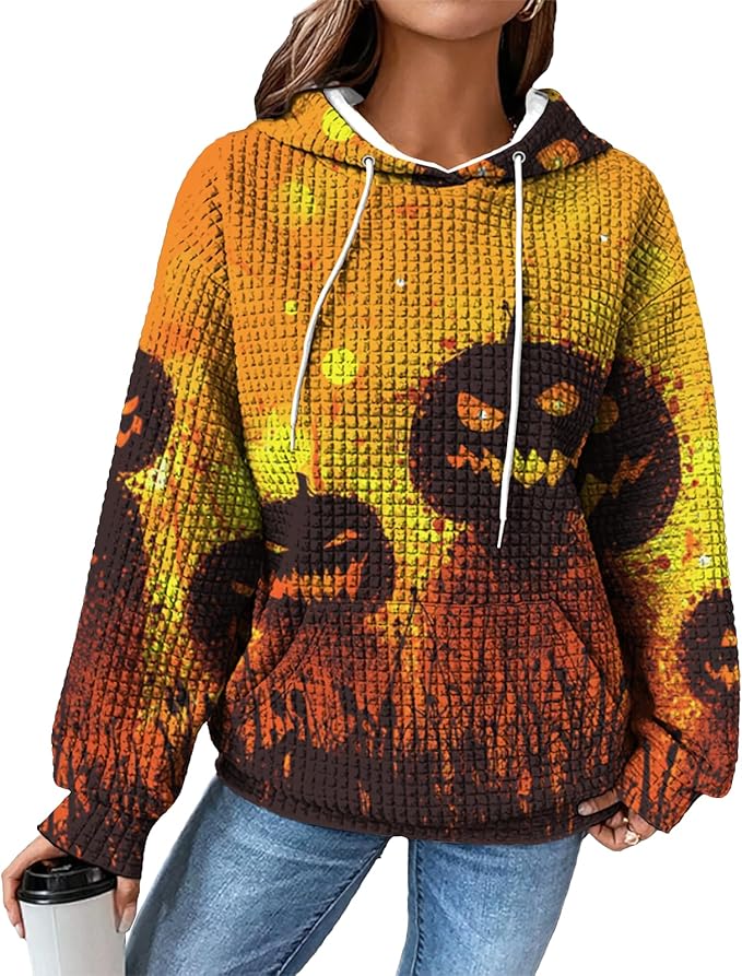 Halloween Sweatshirts for Women Novelty Graphic Drawstring Waffle Hoodies Loose Casual Pullover Tops with Pocket