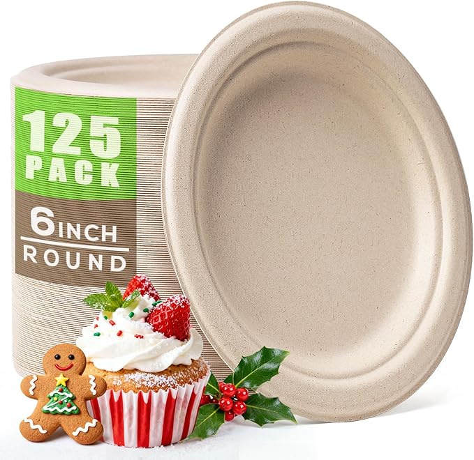 Gezond Compostable Small Paper Plates 6 Inch 125 Pack Dessert Plates Disposable Heavy-duty Made of Sugarcane Fiber