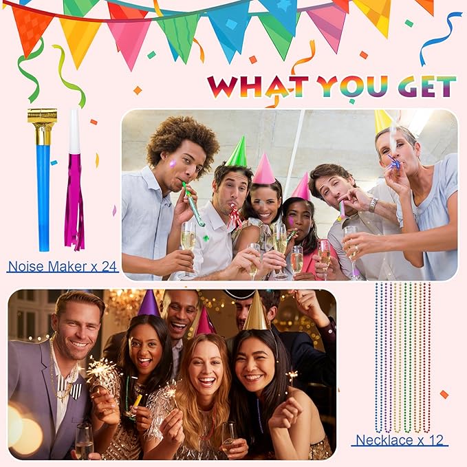 2026 New Years Eve Party Supplies Kit - 102 Pieces Colorful New Years Party Favors Set with Headbands, Hats, Photo Props, Noise Makers, Confetti & More for Happy New Year Decorations
