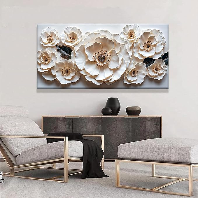 Large Wall Art For Living Room Floral White Wall Art Modern Canvas Art Wall Decor 29" X 58" Painting White Flower Wall Art Print Picture For Bedroom Home Office Decoration