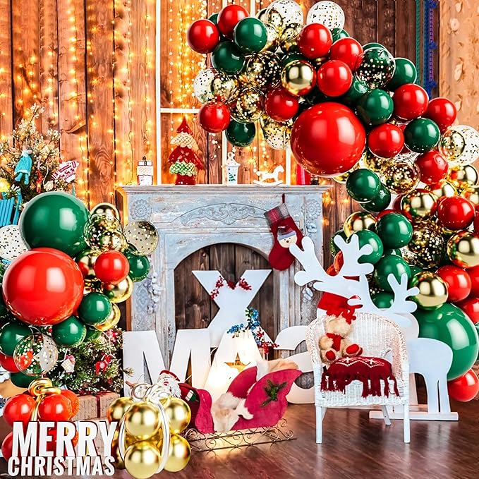 147pcs Red Green and Gold Balloon Garland Kit - Red Green Gold Balloon and Gold Confetti Balloons for Birthday Baby Shower Wedding Christmas Party Decoration