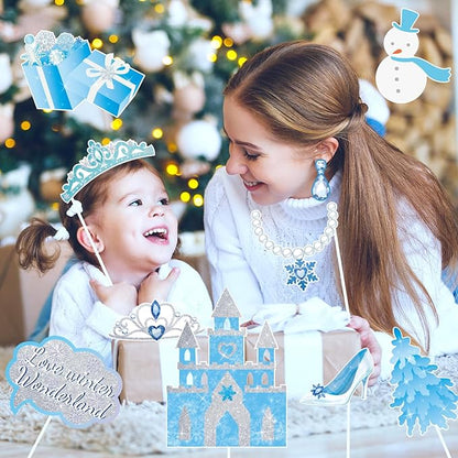 SUNBEAUTY 36 PCS Winter Wonderland Photo Booth Props Frozen Party Decorations Snow White Photo Booth Props for Winter Birthday Theme Party Holiday Christmas Party Supplies