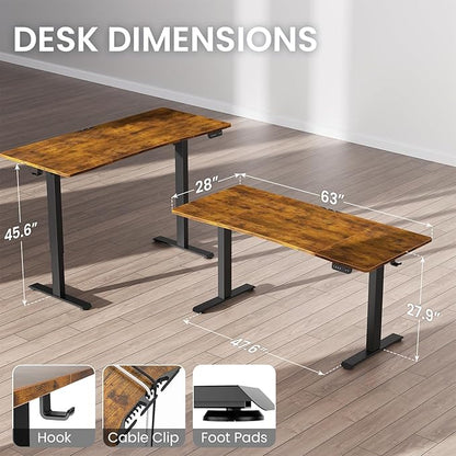 Veken 63 x 28 Inch Electric Standing Desk with Adjustable Height, Sit to Stand Computer Table for Study, Work or Gaming, Home Office Desk Brown