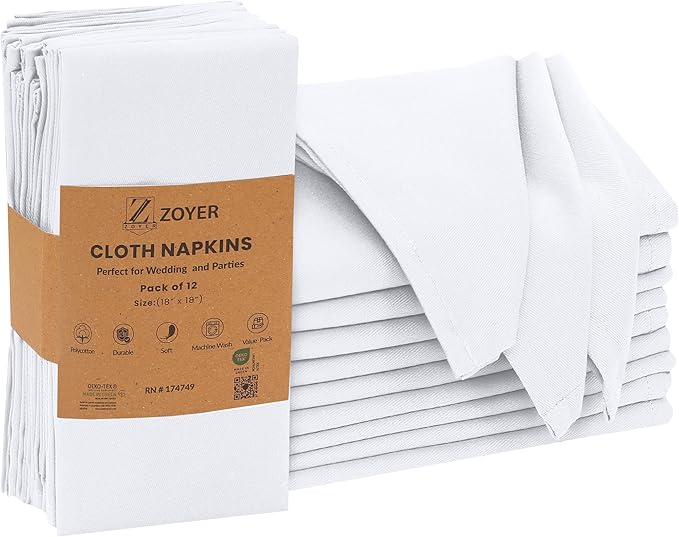 Zoyer Cloth Napkins Set of 12, 18x18 Inches Cotton Enrich Napkins Cloth ‎Washable, Soft & Durable Dinner Napkins for Parties, Wedding, Christmas, ‎Thanksgiving & Everyday Use - White