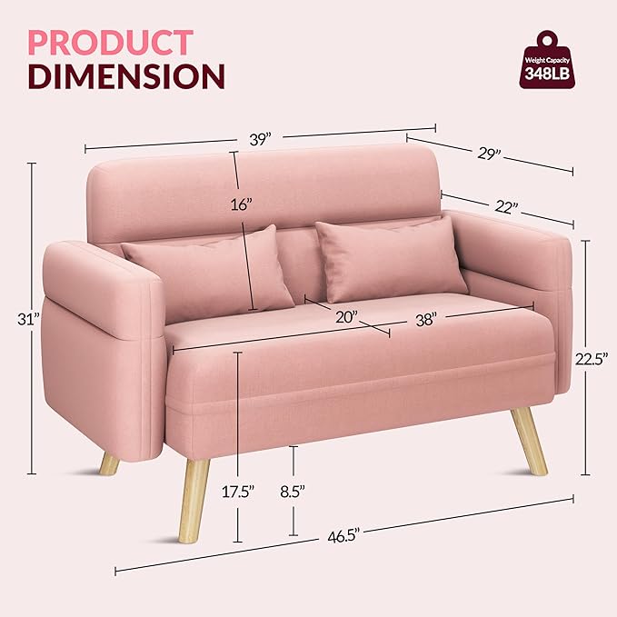 Yaheetech 46" Small Modern Fabric Sofa Loveseat Mid Century 2 Seater Sofa Couch with Lumbar Pillows, Solid Wood Legs for Living Room, Small Space, Dorm, Office, Bedroom, Pink