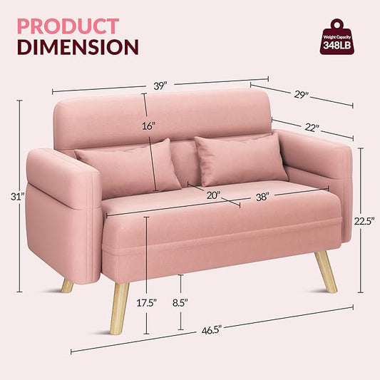 Yaheetech 46" Small Modern Fabric Sofa Loveseat Mid Century 2 Seater Sofa Couch with Lumbar Pillows, Solid Wood Legs for Living Room, Small Space, Dorm, Office, Bedroom, Pink