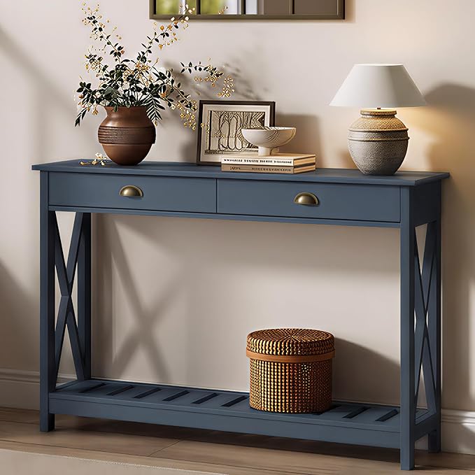 ChooChoo Console Table with Drawer for Entryway, Narrow Long Entry Table with Shelf for Living Room, Rustic Vintage Hallway Sofa Table with Stable X Supports, 40 Blue