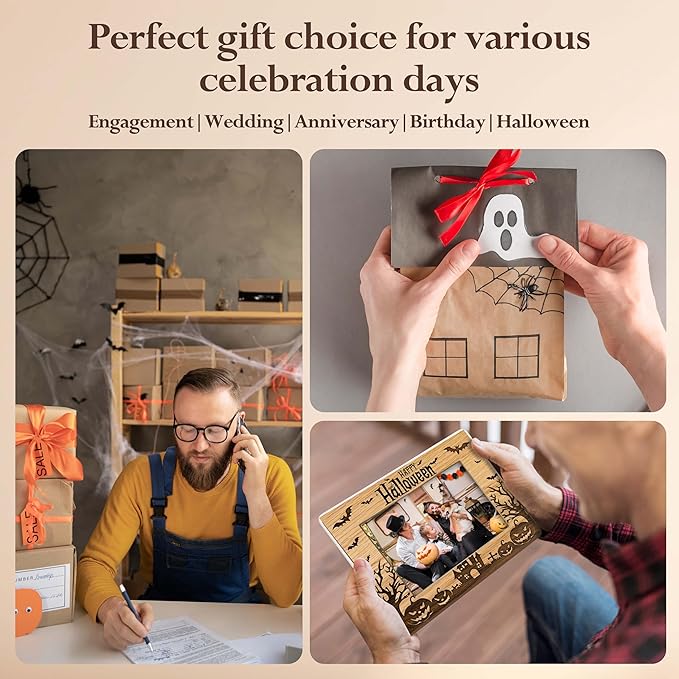 Halloween Picture Frame, 4×6 Pumpkin Wooden Photo Frame for Home Decor Tabletop Display, Spooky Haunted House Gifts for Family Friends - A05
