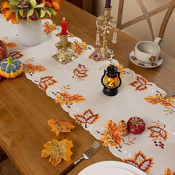 Joyfol Day Thanksgiving Table Runner 14 x 59 Inches, Cutwork Embroidered Maple Leaves Dresser Scarf, Fall Table Runners for Home Kitchen Dining, Autumn Harvest Party Tabletop Decoration