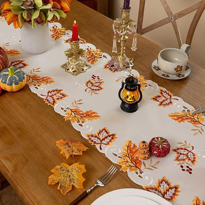 Joyfol Day Thanksgiving Table Runner 14 x 59 Inches, Cutwork Embroidered Maple Leaves Dresser Scarf, Fall Table Runners for Home Kitchen Dining, Autumn Harvest Party Tabletop Decoration