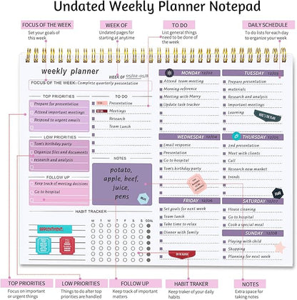 Weekly To Do List Notepad, 8.5''x11'' Weekly Desk Planner with 52 Tear Off Sheets Undated Weekly Planner Habit Tracker & Productivity Organizer for Home School and Work, Purple
