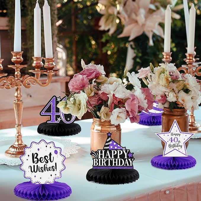 Happy 40th Birthday Decorations,40th Bday Purple Glitter Shiny Stand Honeycomb Table Centerpieces - Cheers to Forty Years Old Birthday Party Photoprop Gift Sign.