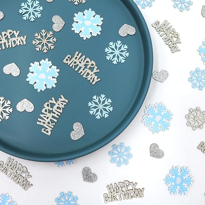 Blue Silver Snowflake Happy Birthday Confetti for Table – 200PC Glitter Heart Snowflakes Table Scatter for Winter Wonderland Birthday Decorations