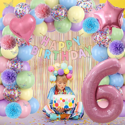 Pastel 6th Birthday Party Decorations for Girls Number 6 Balloon Happy Birthday Banner Butterfly Stickers Fringe Curtain Paper Pom Poms Macaron Pink Star Heart Foil Colorful Balloons 6 Year Old Decor
