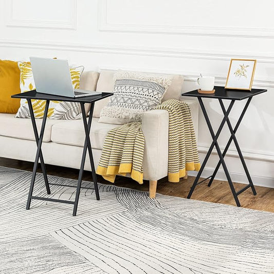 HOOBRO Folding TV Tray Tables, Set of 2 Side Tables for Small Space, Industrial Snack Desk for Eating at Couch, Stable Metal Frame, Easy Assembly, Space Saving, Black BK25BZ01