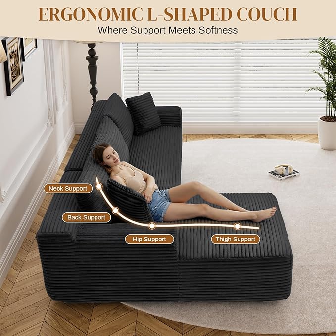 95" L Shaped Boneless Sectional Couches, Wide Armrest, Deep Seat, Memory Foam, Assembly Free, Modern Comfy Corduroy Fluffy Cloud Sofa with Right Chaise for Living Room, Small Spaces, Black
