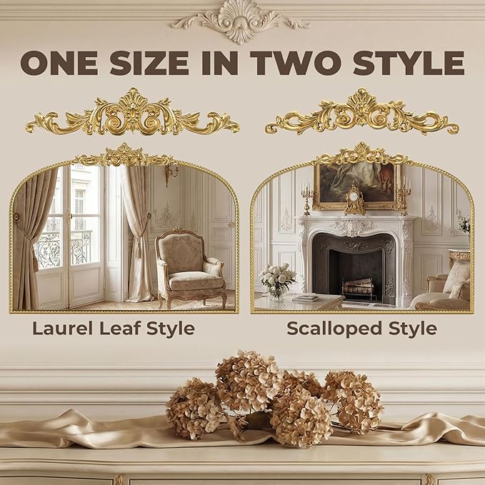 Gold Vintage Vanity Mirror 32x24 Inch, Shell Crown Ornate Beaded Frame Vanity Mirror, Antique Decorative Horizontal Mirror for Bathroom, Bedroom, Entryway, Fireplace Wall