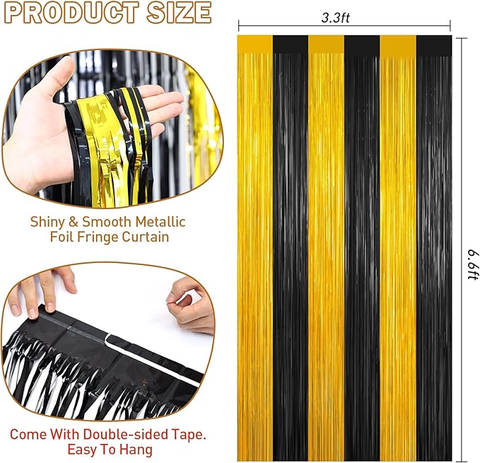 Black and Gold Tinsel Backdrop Foil Fringe Curtains - 2 Packs Door Streamers Backdrop for Birthday Door Decorations, Party Supplies for Bachelorette, Graduation, Christmas, Disco Decor
