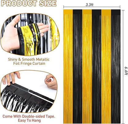 Black and Gold Tinsel Backdrop Foil Fringe Curtains - 2 Packs Door Streamers Backdrop for Birthday Door Decorations, Party Supplies for Bachelorette, Graduation, Christmas, Disco Decor