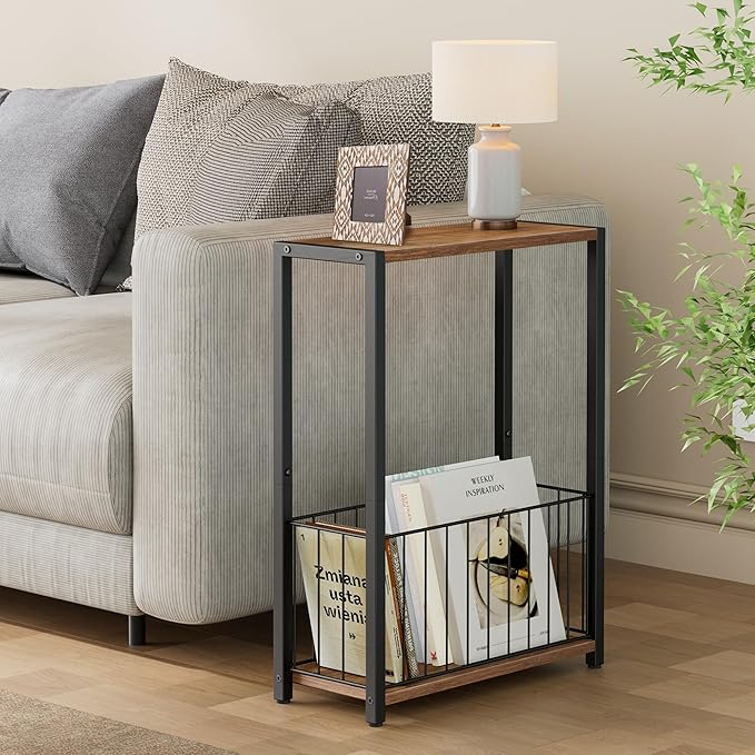 Narrow Side Table with Magazine Holder, Skinny End Table Perfect for Small Spaces, Space-Saving Design for Living Room, Bedroom, or Office, 7.1" D x 16.9" W x 23.6" H, Rustic Walnut