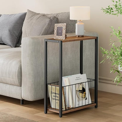 Narrow Side Table with Magazine Holder, Skinny End Table Perfect for Small Spaces, Space-Saving Design for Living Room, Bedroom, or Office, 7.1" D x 16.9" W x 23.6" H, Rustic Walnut