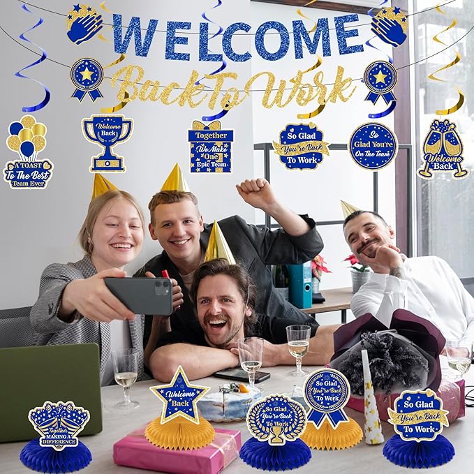 12pcs Welcome Back to Work Decorations Office Blue Gold So Glad You're Back To Work Banner and Hanging Swirls Table Centerpieces Office Party Supplies for Indoors Outdoors