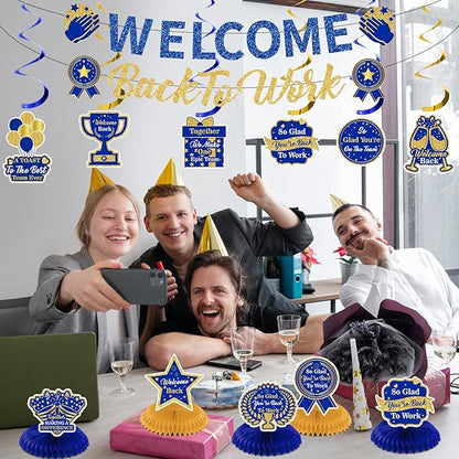 12pcs Welcome Back to Work Decorations Office Blue Gold So Glad You're Back To Work Banner and Hanging Swirls Table Centerpieces Office Party Supplies for Indoors Outdoors