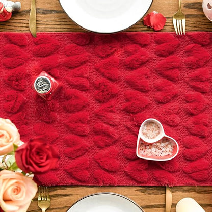 Artoid Mode Red Soft Plush Faux Fur Jacquard Heart Valentine's Day Table Runner, Seasonal Kitchen Dining Table Decoration for Home Party Decor 13x36 Inch