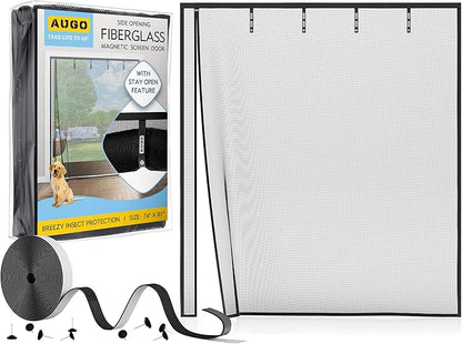 AUGO Fiberglass Magnetic Screen Door Reversible Left Right Side Opening - Self Sealing, Heavy Duty, Hands Free, Keeps Bugs Out - Pet and Kid Friendly - Patent Pending Keep Open Feature – 74” x 81”
