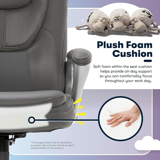 Serta Amplify Executive Office Chair with Faux Leather and Mesh, Adjustable Ergonomic Comfy Seat with Lumbar Support, Modern Computer DeskChairs, Swivel Rolling Wheels, Duo Gray