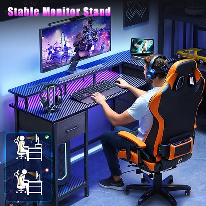 55 Inch Gaming Desk with Power Outlets and LED Lights, Reversible Computer Desk with 5 Fabric Storage Drawers, Home Office Desk with Monitor Stand for Working Writing Study, Carbon Fiber Black