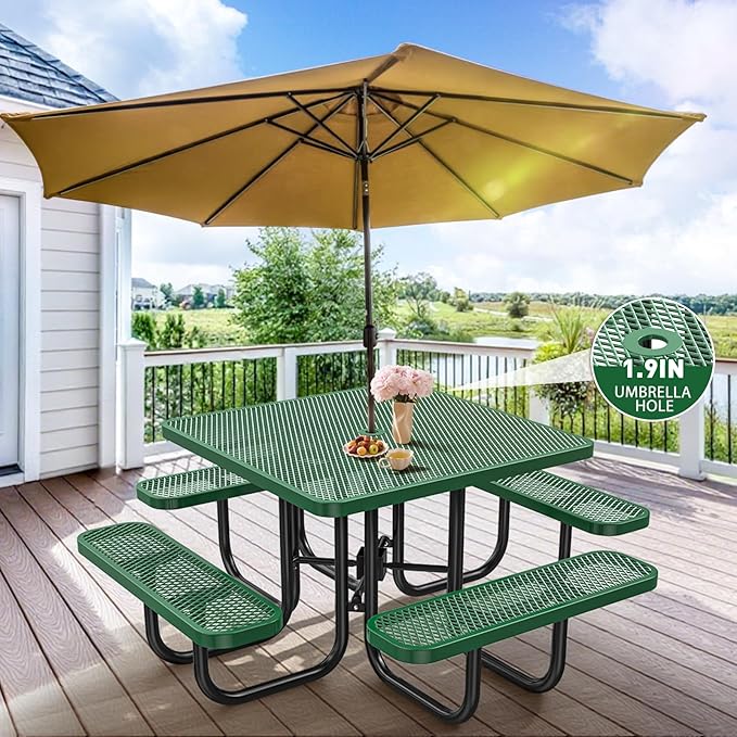 47'' Heavy-Duty Metal Picnic Tables with Umbrella Hole, Outdoor Steel Heavy Duty Commercial Grade Black Table, Outdoor Bench Set for Lawn, Patio, Park, Yard, Garden, Porch (Set C, Square)
