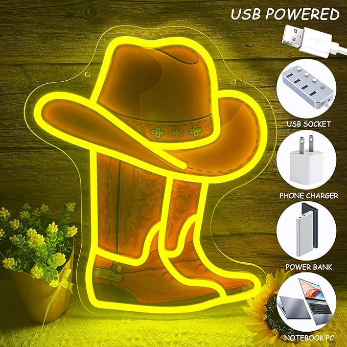 Cowboy Boot Neon Sign Cowboy Hat Neon Light 15.2”x13” Yellow Cowboy LED Sign for Wall Decor Dimmable Western Light Up Signs for Bedroom Game Room Man Cave Presents for Birthday Party Rodeo Enthusiast